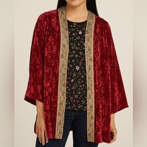 Soft Surroundings Womens Red Crushed Velvet Floral Gold Sequined Kimono Jacket S